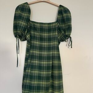 BP Green Plaid Midi Dress with Puff Sleeves